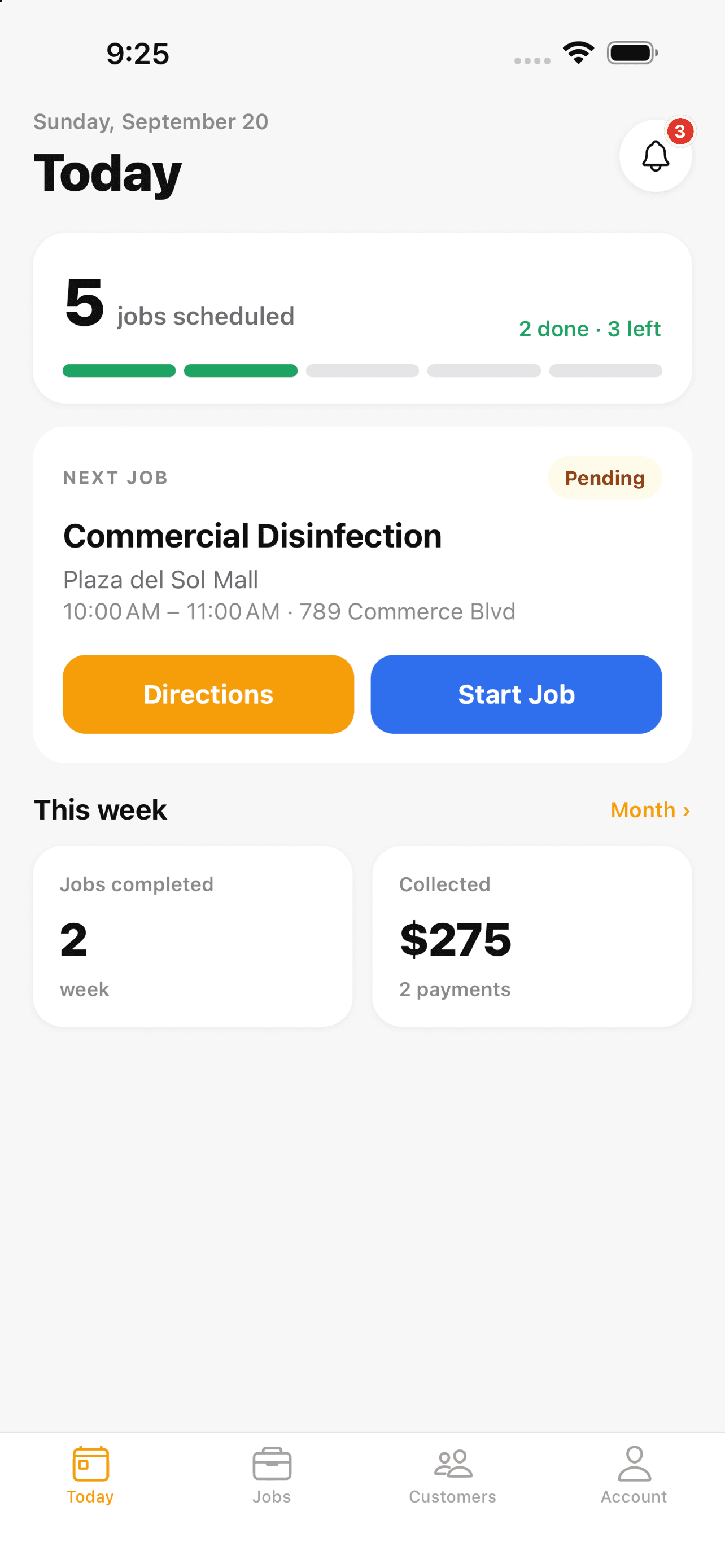 Today dashboard with the technician's schedule and stats