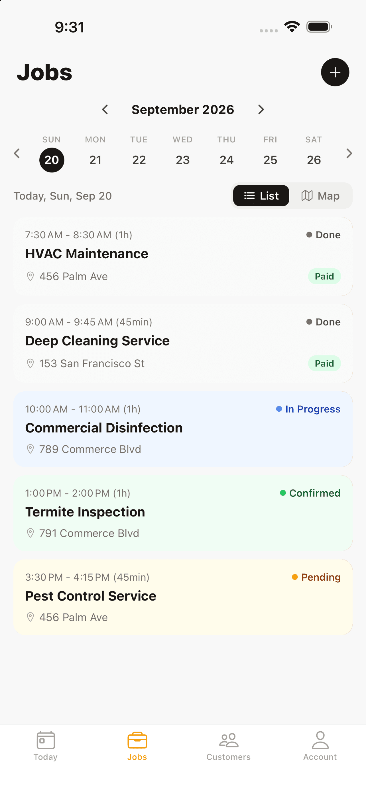 Jobs list in the Simpliruta field app