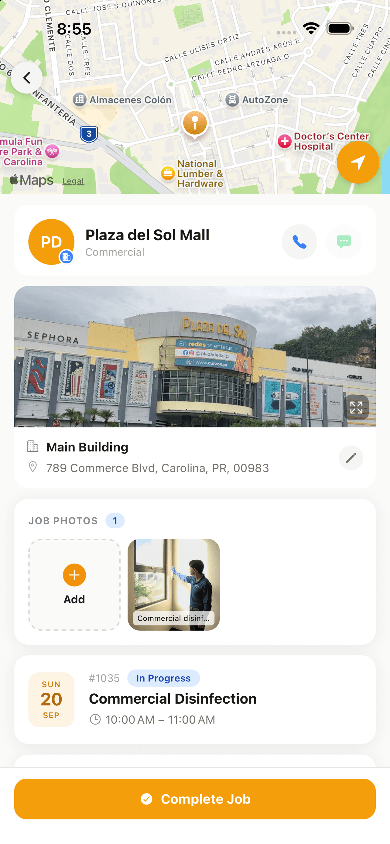 Job detail screen with customer and location
